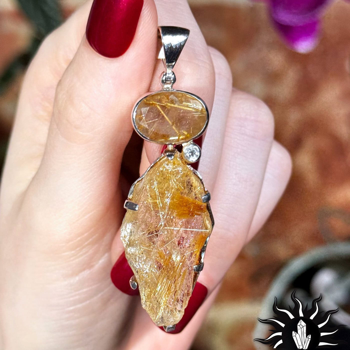 Rutilated Quartz Cut & Rough Stone Pendant